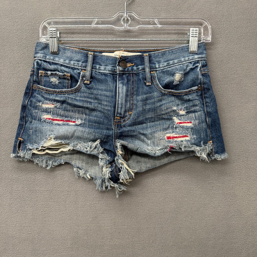 Abercrombie & Fitch Distressed Denim Shorts Size 0 Medium Wash Red Understitch